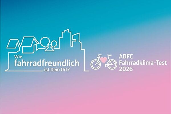 „Grafik mit Häusern, Stadtumriss und Fahrrad. Daneben steht: ADFC Fahrradklima-Test 2026.“
